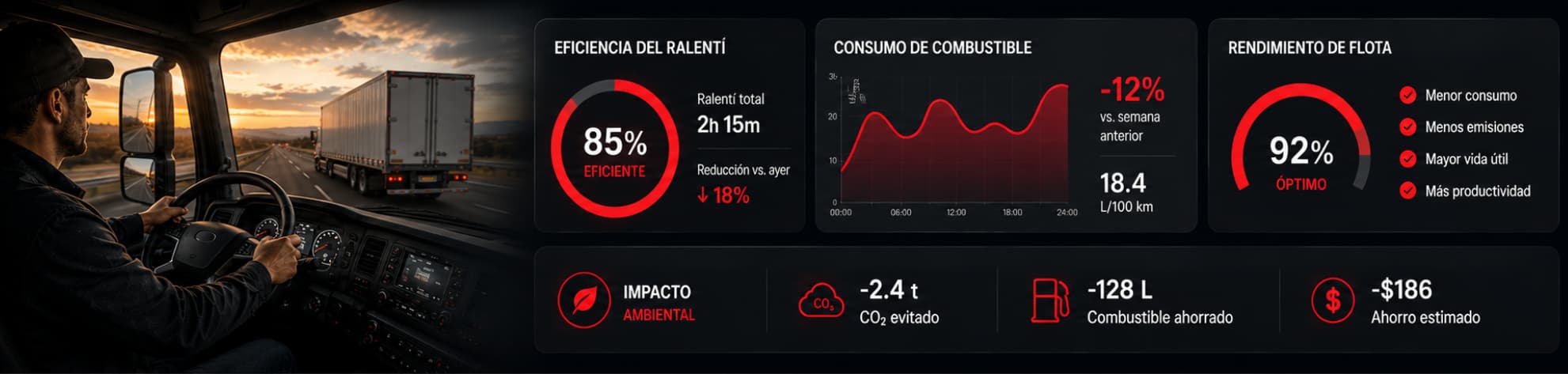 Dashboard de monitoreo de ralentí y eficiencia operativa