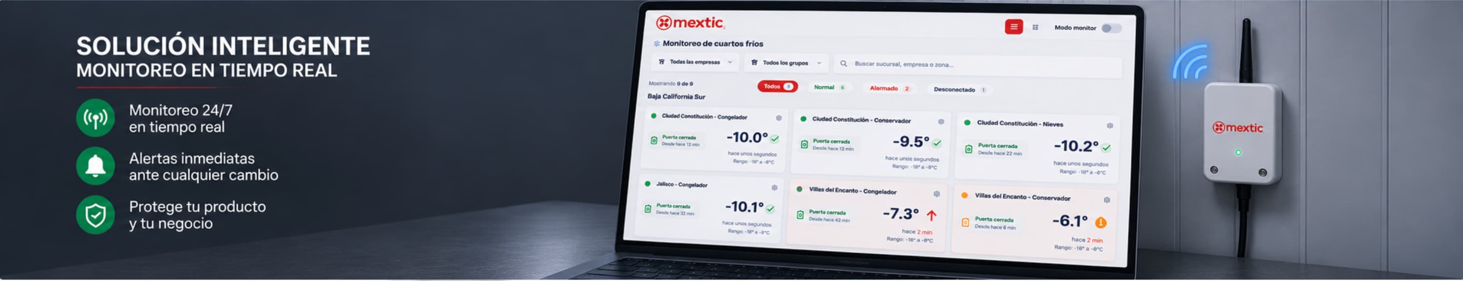 Plataforma Mextic para monitoreo de cuartos fríos con sensores de temperatura humedad CO2 y puertas