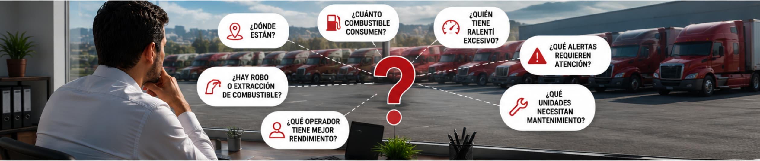 Gerente evaluando indicadores y preguntas sobre la operación de su flotilla
